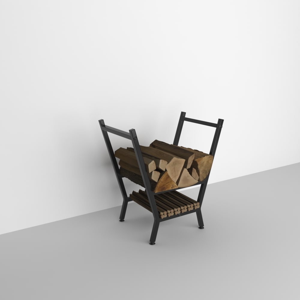 A minimalist black V-shaped metal wood rack holding firewood, displayed on a clean gray surface with a white background