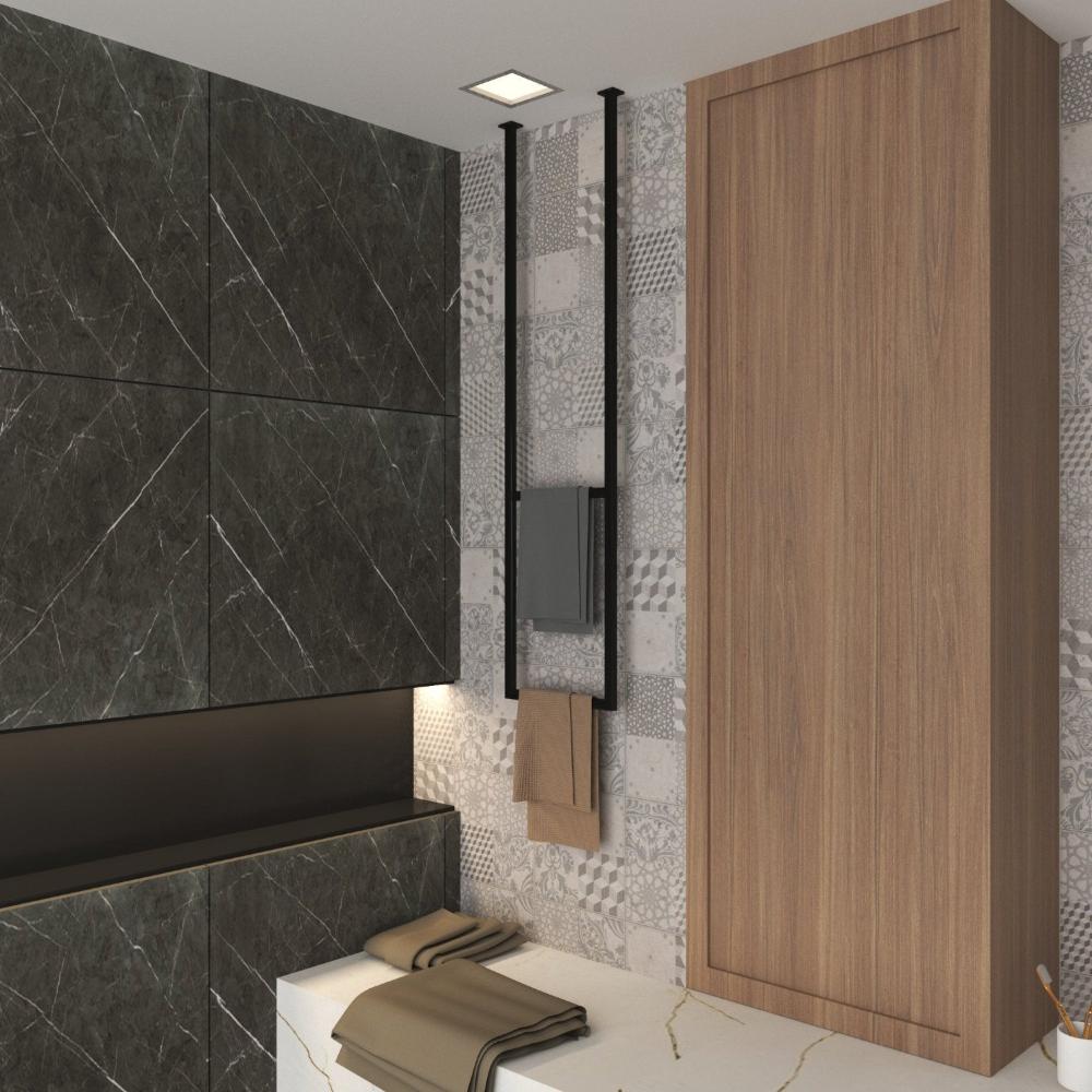 A minimalist ceiling-mounted black double towel rack installed in a contemporary bathroom, featuring a gray tiled wall and neutral-toned accessories for a sophisticated look.