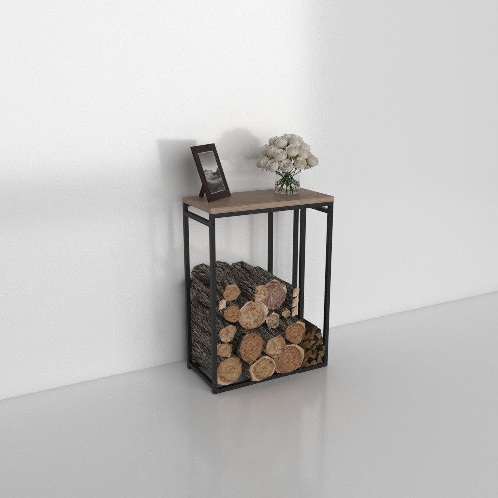 A minimalist black metal log rack with a wooden top, placed in a modern space with natural lighting and filled with neatly stacked logs