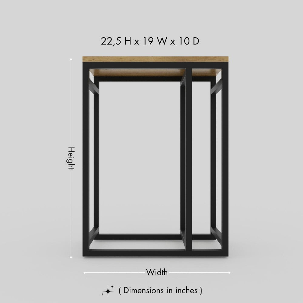 A measurement diagram of the minimalist metal log rack, showing dimensions of 22.5 inches in height, 19 inches in width, and 10 inches in depth