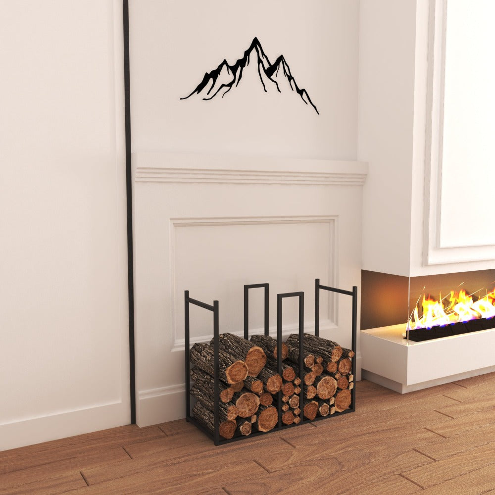 A side view of the metal log holder filled with firewood, showcasing its clean design in a contemporary living room