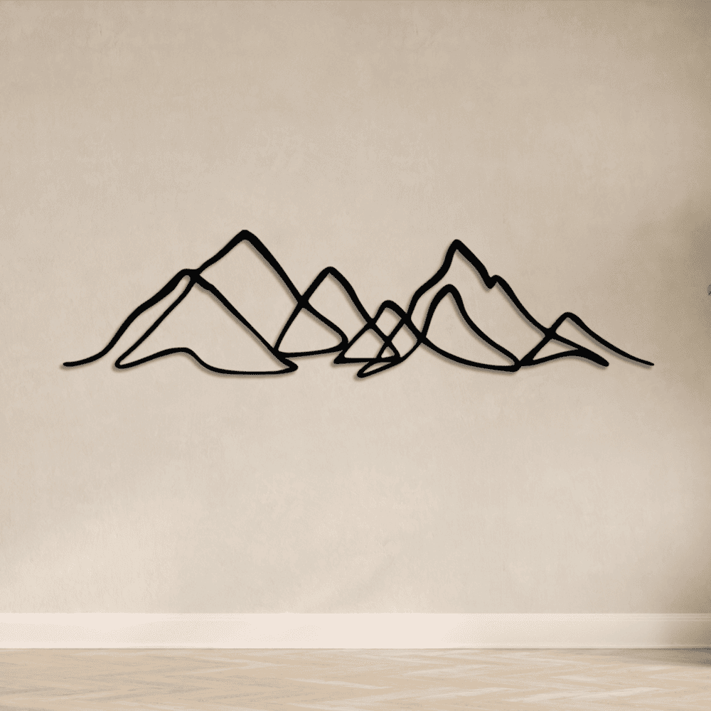 Minimalist metal mountain art wall decor featuring a sleek line art design of peaks and valleys, mounted on a neutral beige wall, ideal for modern or rustic interiors.