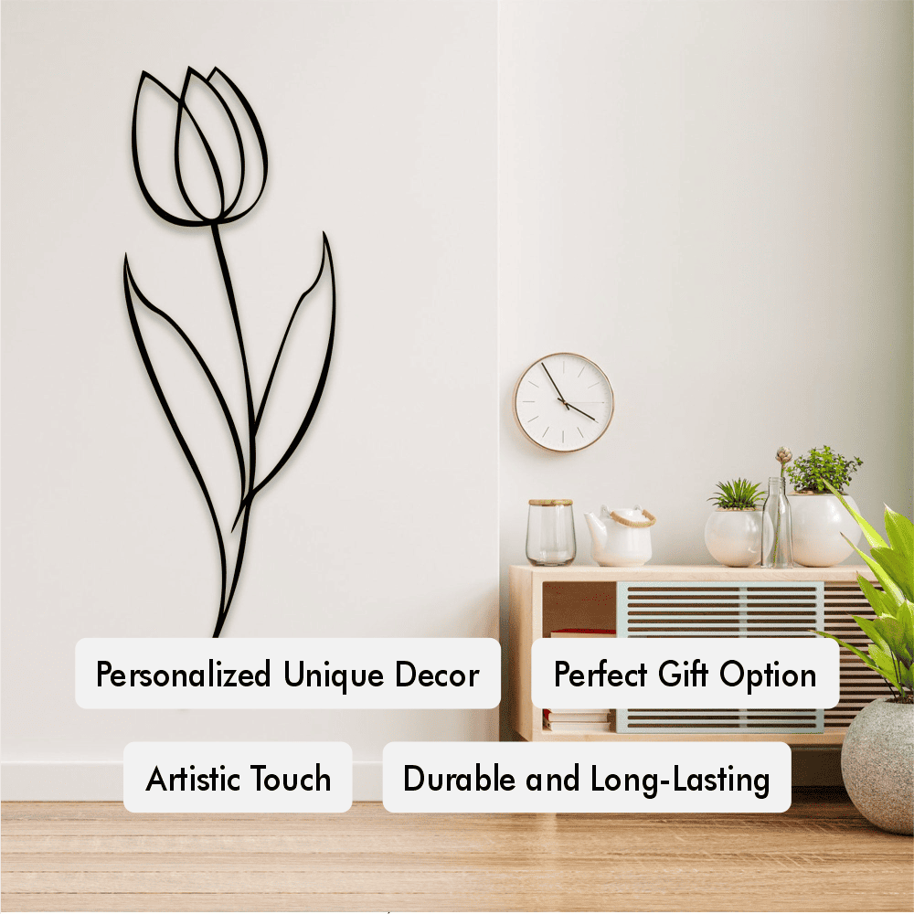 Minimalist tulip metal wall art featuring a sleek line design, mounted on a plain wall in a modern room with wooden floors and decorative accents like a clock, plants, and a console table. Text highlights include "Personalized Unique Decor," "Perfect Gift Option," "Artistic Touch," and "Durable and Long-Lasting."