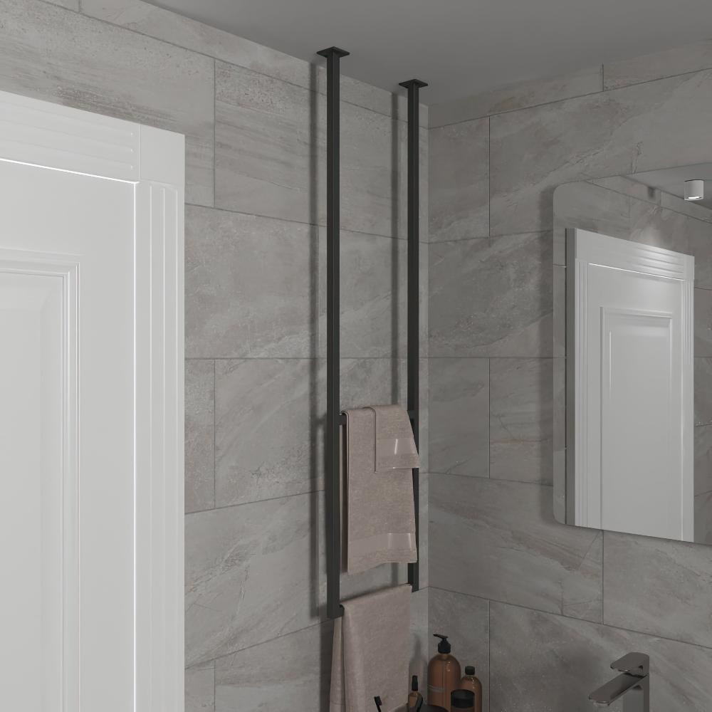 Close-up view of a modern black ceiling-mounted towel rack in a stylish bathroom, highlighting its functional and decorative appeal with neatly arranged towels.