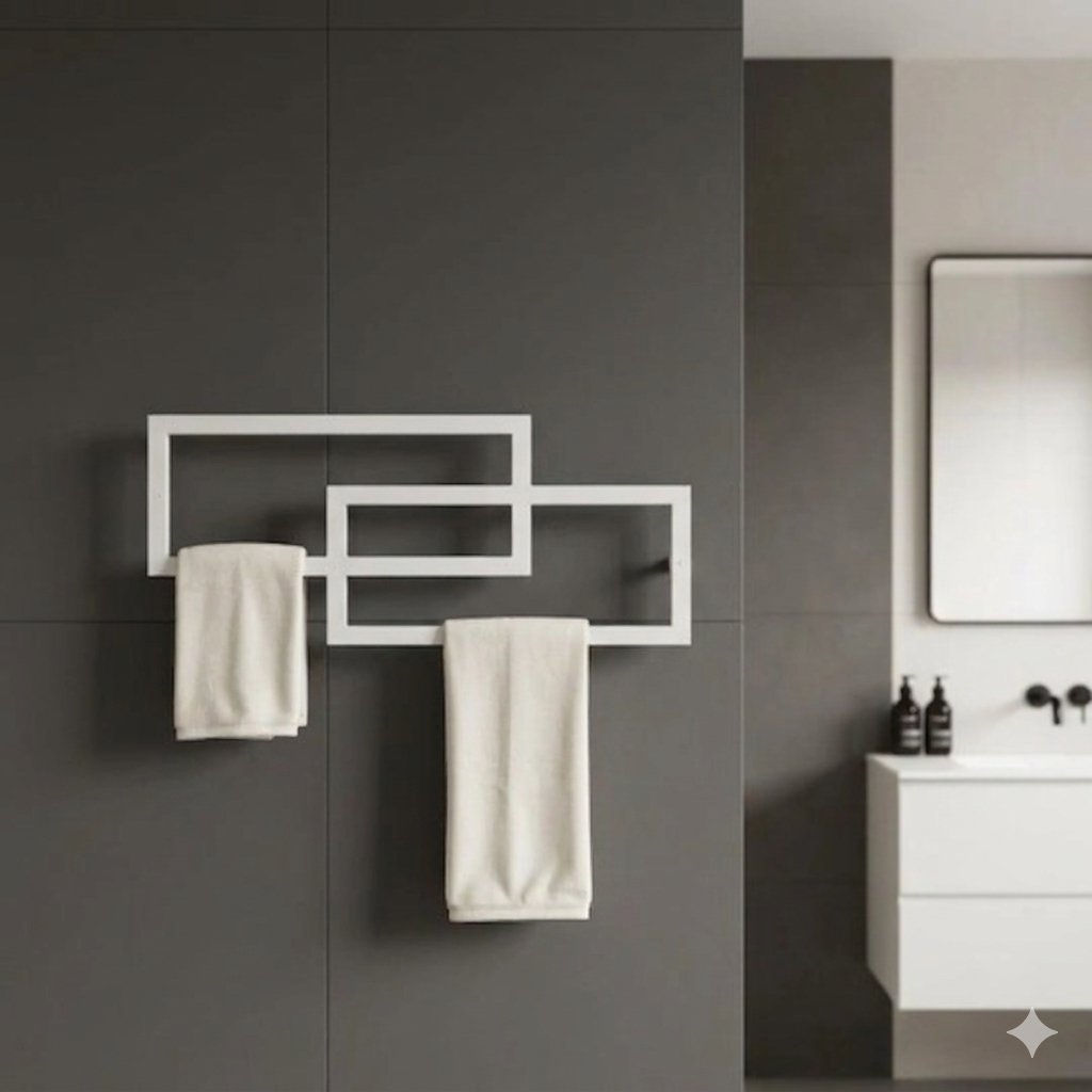 Modern black towel holder with geometric wall mounted metal design.