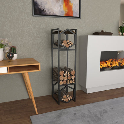 A black modern hexagonal metal log storage rack with three levels, filled with neatly arranged firewood, placed in a stylish living room featuring a wooden desk, decorative plants, and a cozy fireplace. hexagonal firewood rack, tall firewood rack indoor