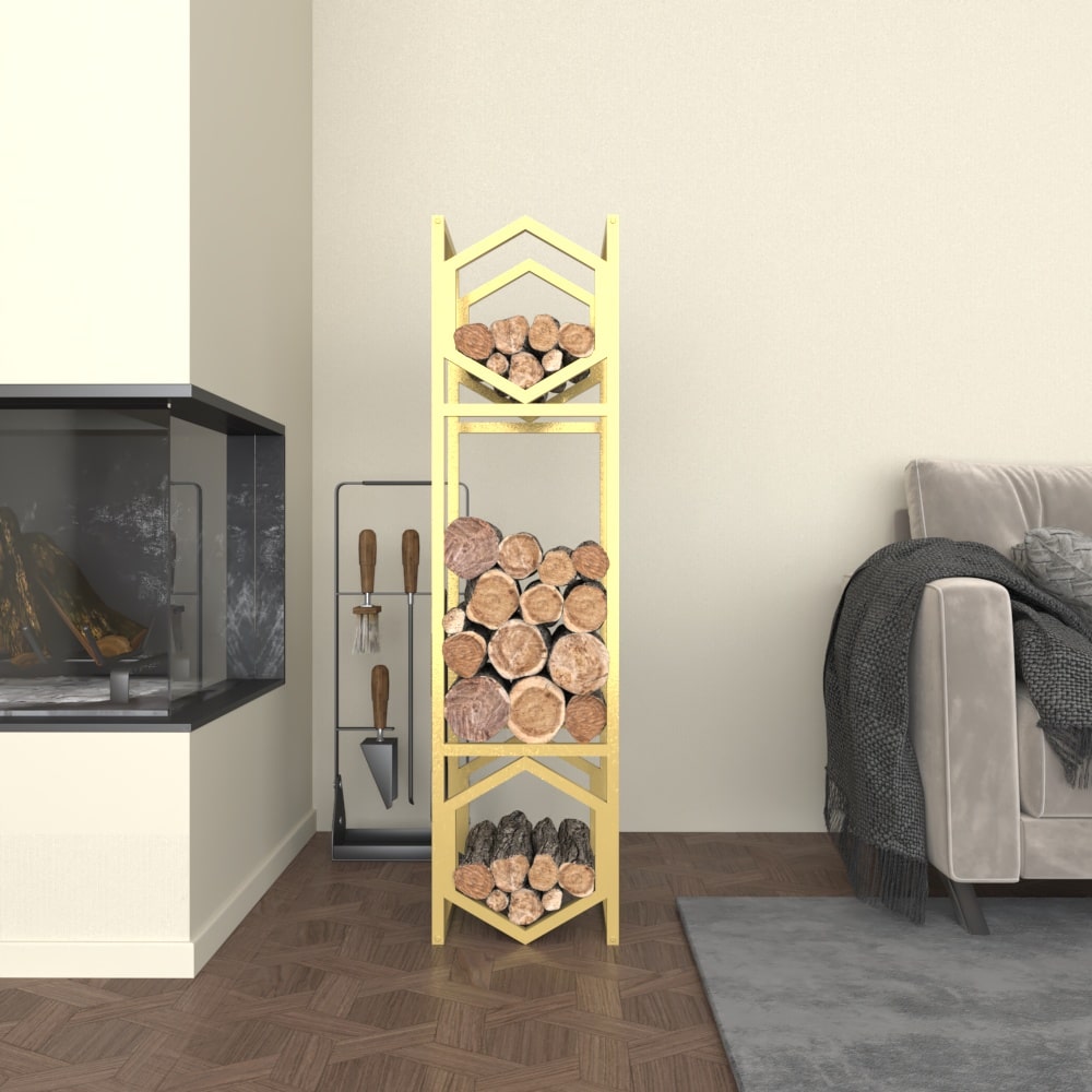 A gold modern hexagonal metal log storage rack filled with firewood, placed in a stylish living room with neutral decor and a warm fireplace