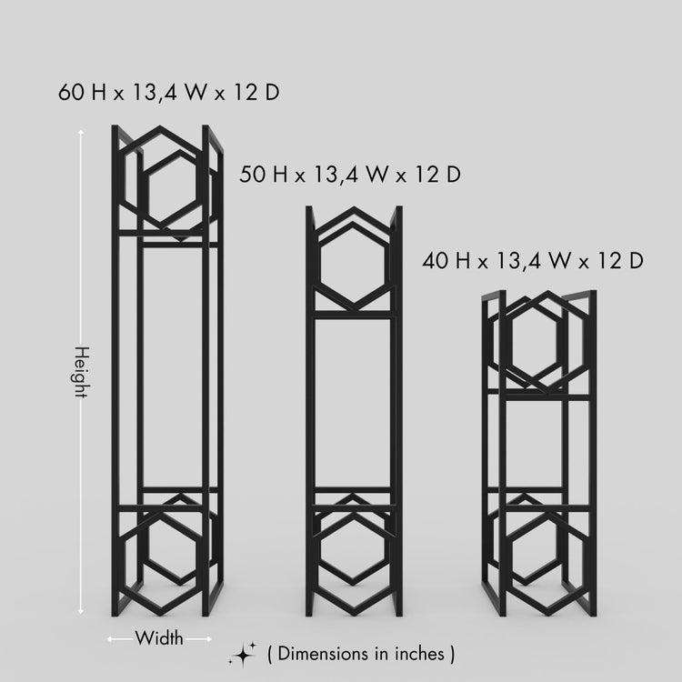 Three variations of a modern hexagonal metal log storage rack in black, showing heights of 60, 50, and 40 inches respectively, with consistent width and depth of 13.4 inches and 12 inches, illustrated on a plain background with dimensions labeled in inches.