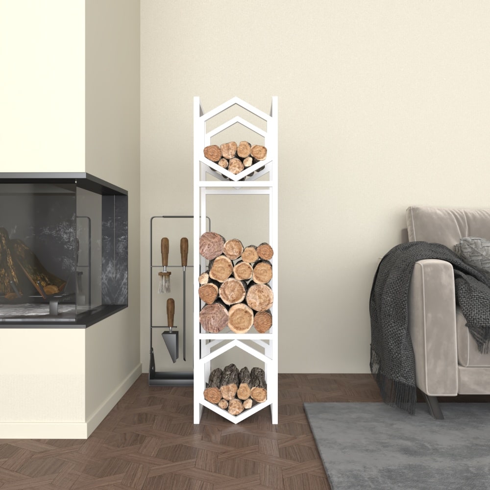 A white modern hexagonal metal log storage rack, neatly holding firewood logs, placed in a cozy living room next to a fireplace and beige couch.