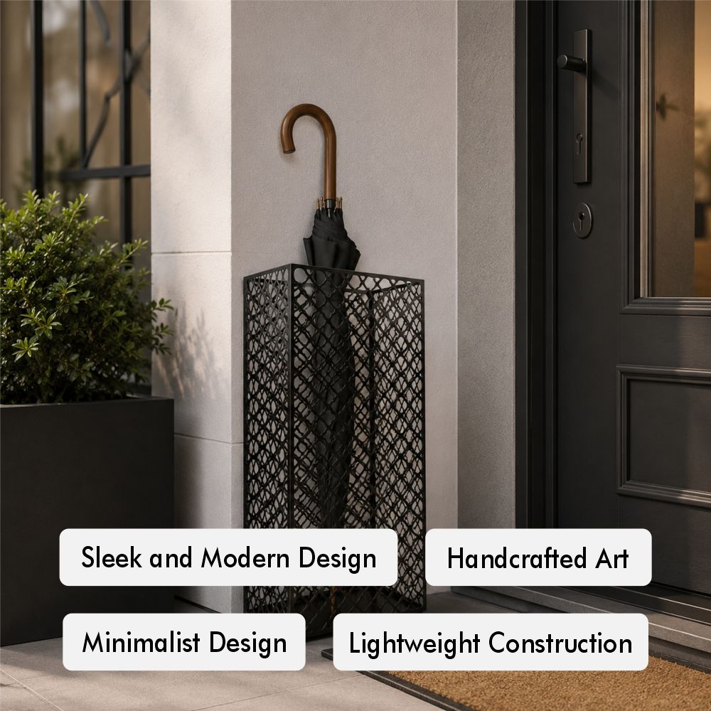 Black mesh metal umbrella stand feature highlights for industrial-modern interiors and entryways