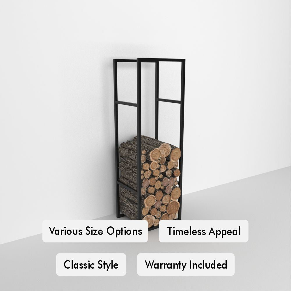 Black metal firewood rack holding stacked logs, placed against a white wall. Text overlays read: "Various Size Options", "Timeless Appeal", "Classic Style", "Warranty Included"