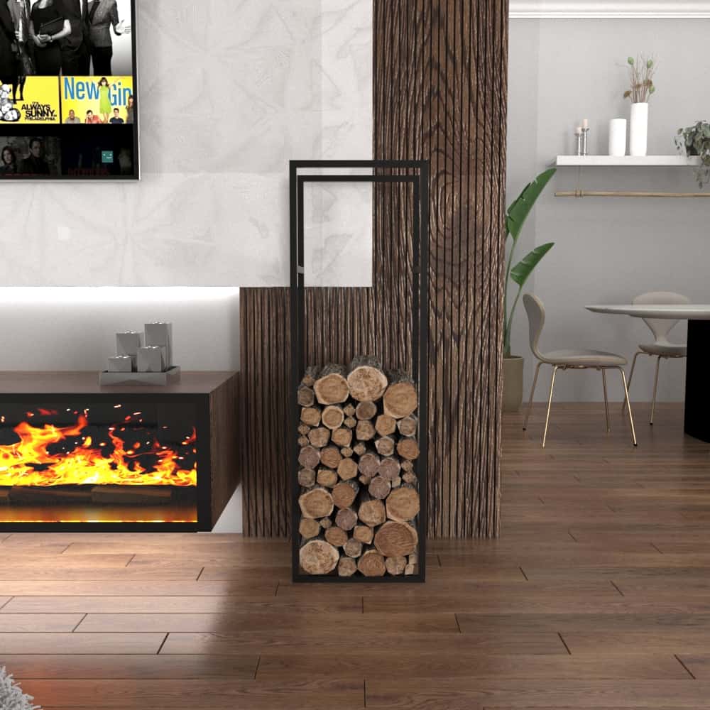 Black modern metal firewood rack filled with neatly stacked logs, placed beside a contemporary fireplace in a cozy living room