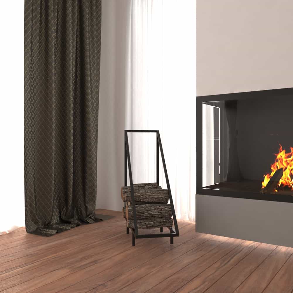 A modern triangular metal firewood rack with logs placed near a fireplace on a wooden floor, creating a cozy atmosphere. triangle firewood rack, modern log holder for fireplace
