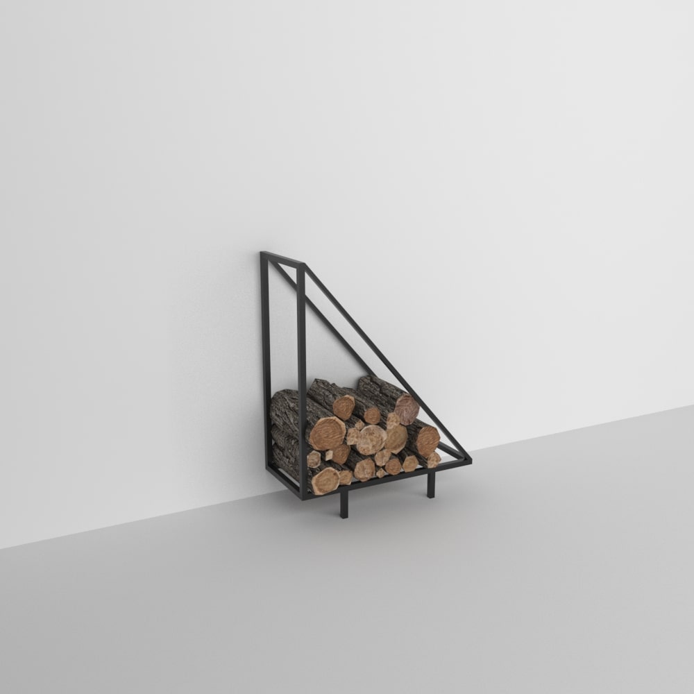 A minimalist triangular metal firewood rack filled with logs, displayed against a plain white background. triangle firewood rack, modern log holder for fireplace