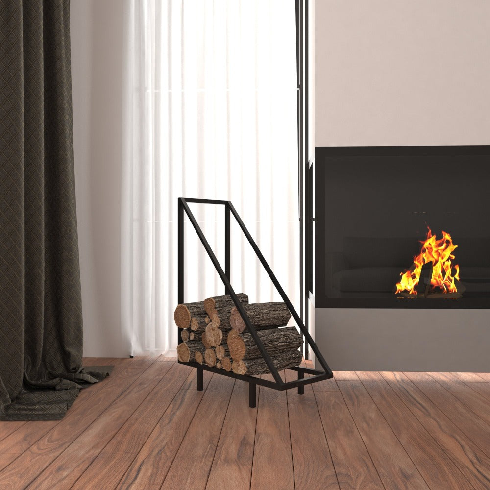 A modern triangular-shaped metal wood rack in black, displayed in a cozy living room setting near a fireplace, holding neatly stacked firewood, adding a minimalist touch to the decor