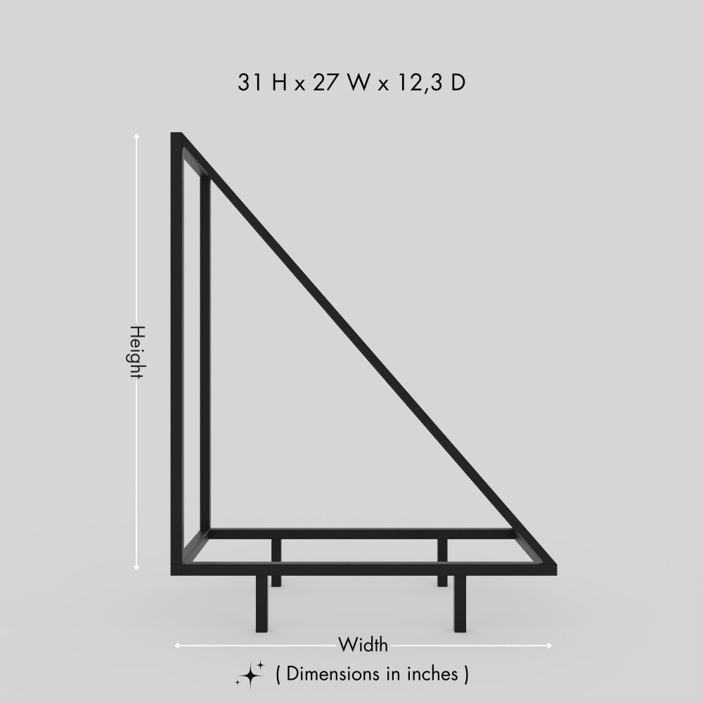 A dimension diagram of the modern triangular metal wood rack, indicating its height of 31 inches, width of 27 inches, and depth of 12.3 inches, showcasing its compact and sleek design triangle firewood rack, modern log holder for fireplace