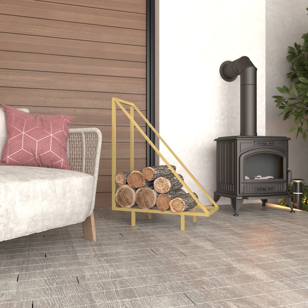 A gold metal wood rack with a modern triangular structure, displayed indoors near a wood stove, showcasing its luxurious and stylish design while storing firewood neatly. triangle firewood rack, modern log holder for fireplace