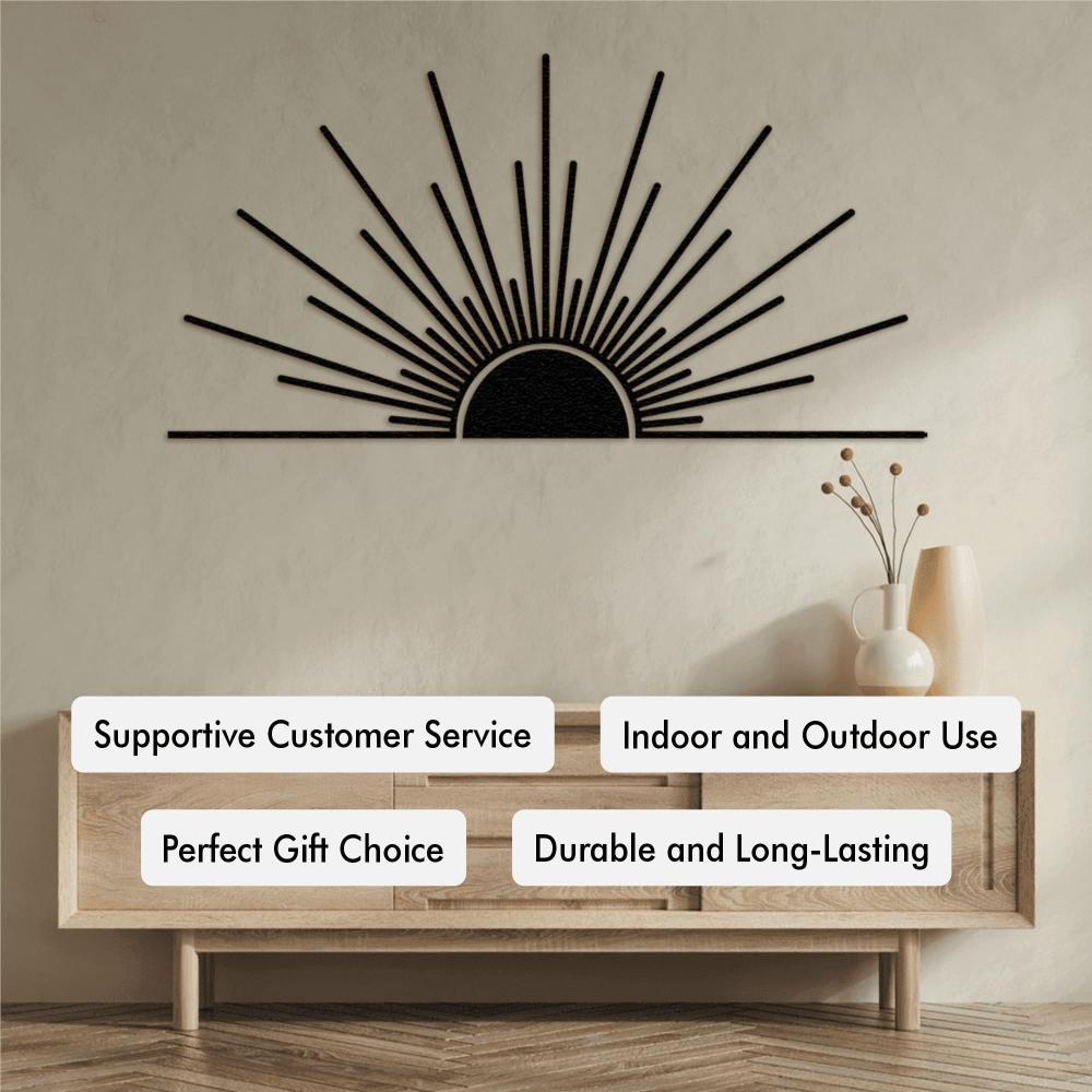 Minimalist metal sunburst wall art with a sunrise design displayed above a modern wooden console table, highlighting its versatile use and aesthetic appeal.