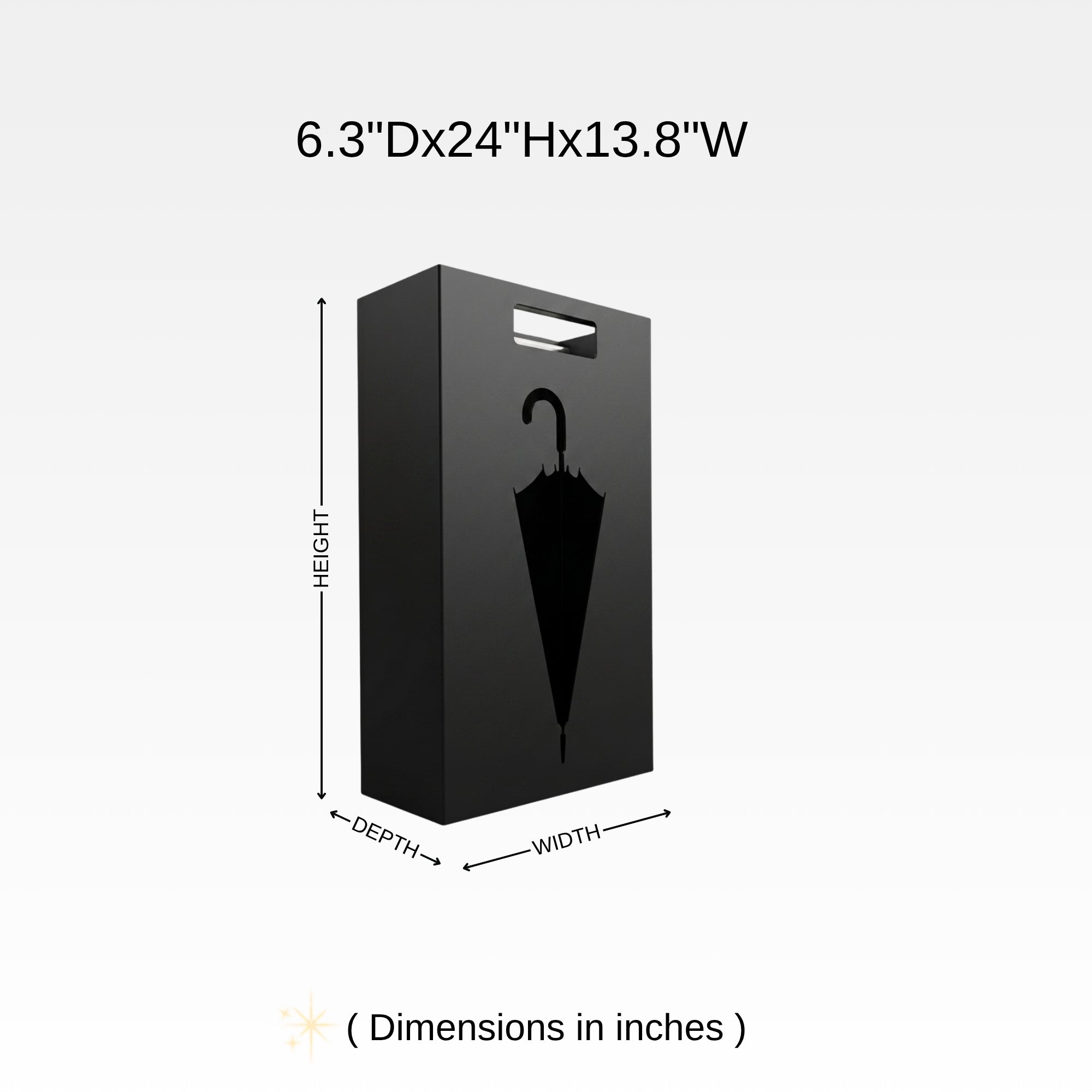 Modern metal umbrella stand dimensions diagram with umbrella cutout - 6.3in depth x 24in height x 13.8in width