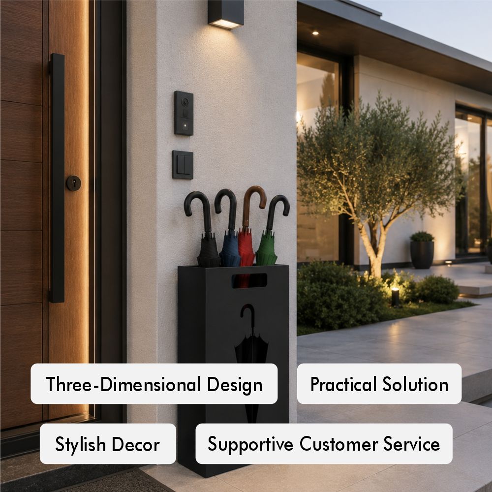 Modern metal umbrella stand features - three-dimensional design, practical solution, stylish entryway decor