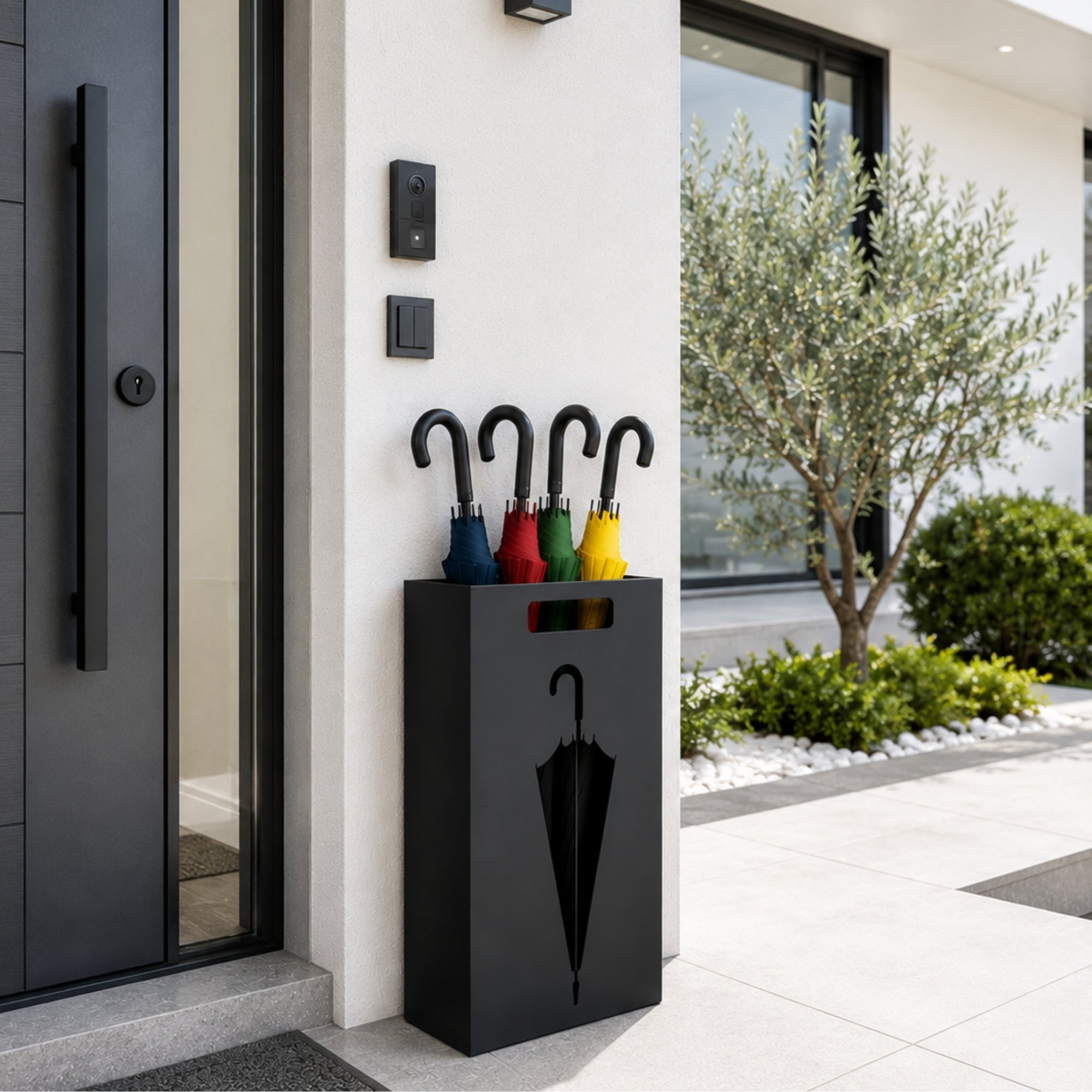 Black metal umbrella stand at front door entryway with multi-color umbrellas in modern home
