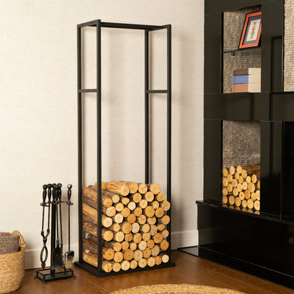 Firewood storage rack against a wall with a fireplace and decorative items.