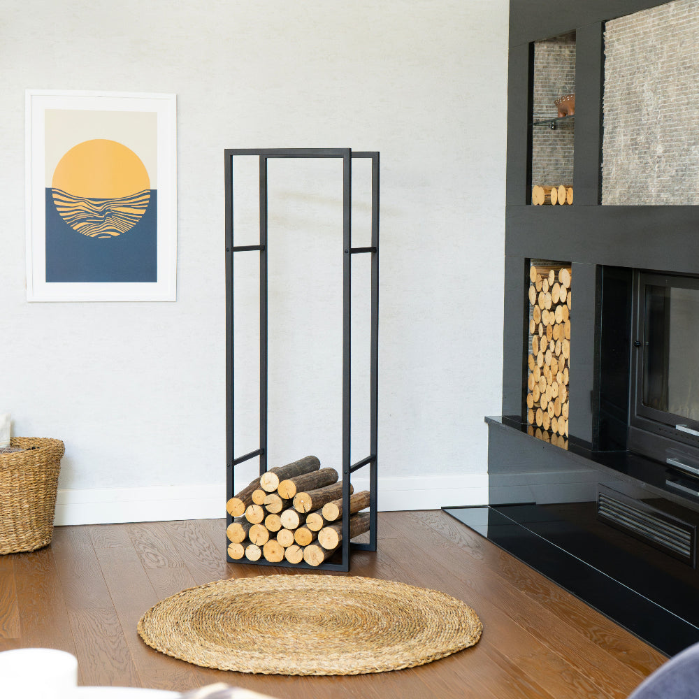 Modern living room with a fireplace, firewood holder, and wall art. modern log holder for fireplace, minimalist firewood rack with shelf