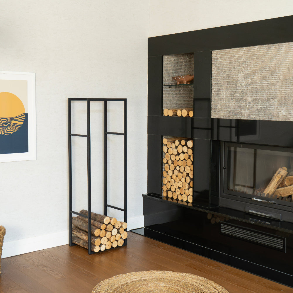 Modern living room with black fireplace and wooden logs modern log holder for fireplace, minimalist firewood rack with shelf