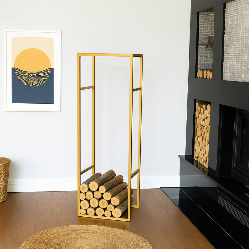 Gold firewood holder with logs next to a black fireplace in a room with a wall art piece. modern log holder for fireplace, minimalist firewood rack with shelf