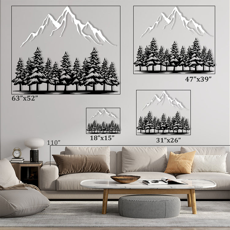 Elegant metal silhouette art of mountains and pine trees.