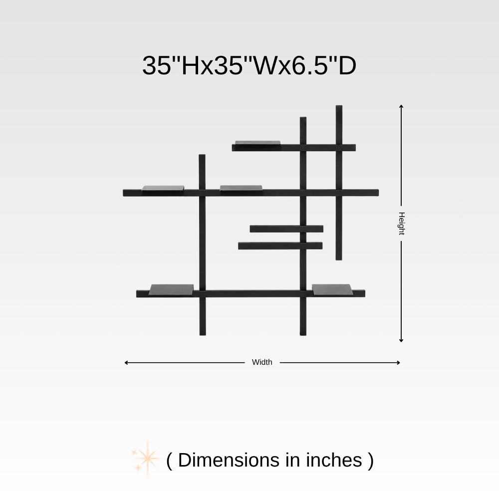 Dimension chart for modular metal wall shelf showing 35 inch height, 35 inch width, and 6.5 inch depth.