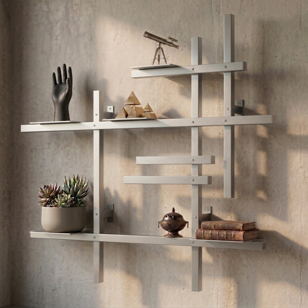 Satin nickel modular metal wall shelf with books, plants, and decorative objects on a textured wall.