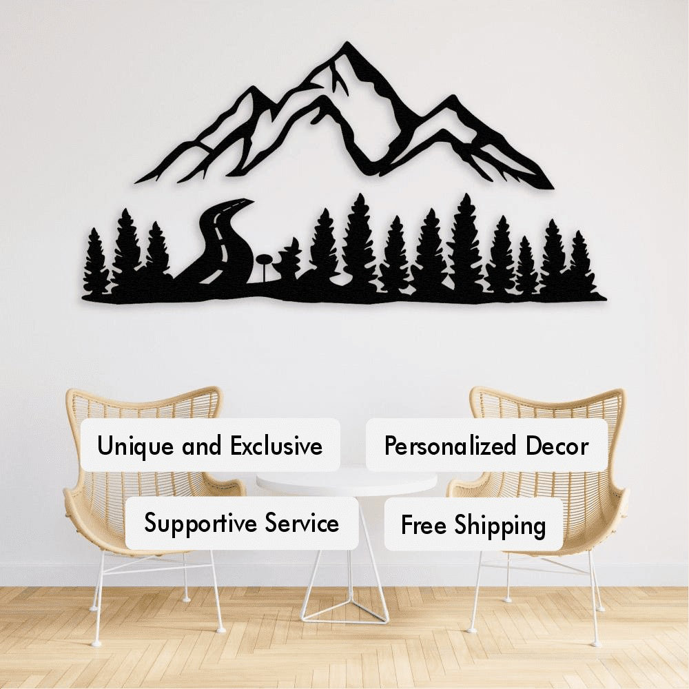 Metal wall art featuring a mountain landscape with trees and a winding road. Below the artwork are text overlays highlighting features like "Unique and Exclusive," "Personalized Decor," "Supportive Service," and "Free Shipping." The setting includes minimalist chairs and a small table.
