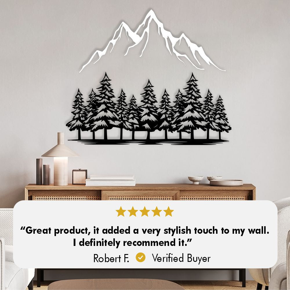 Decorative mountain pine tree metal wall hanging.