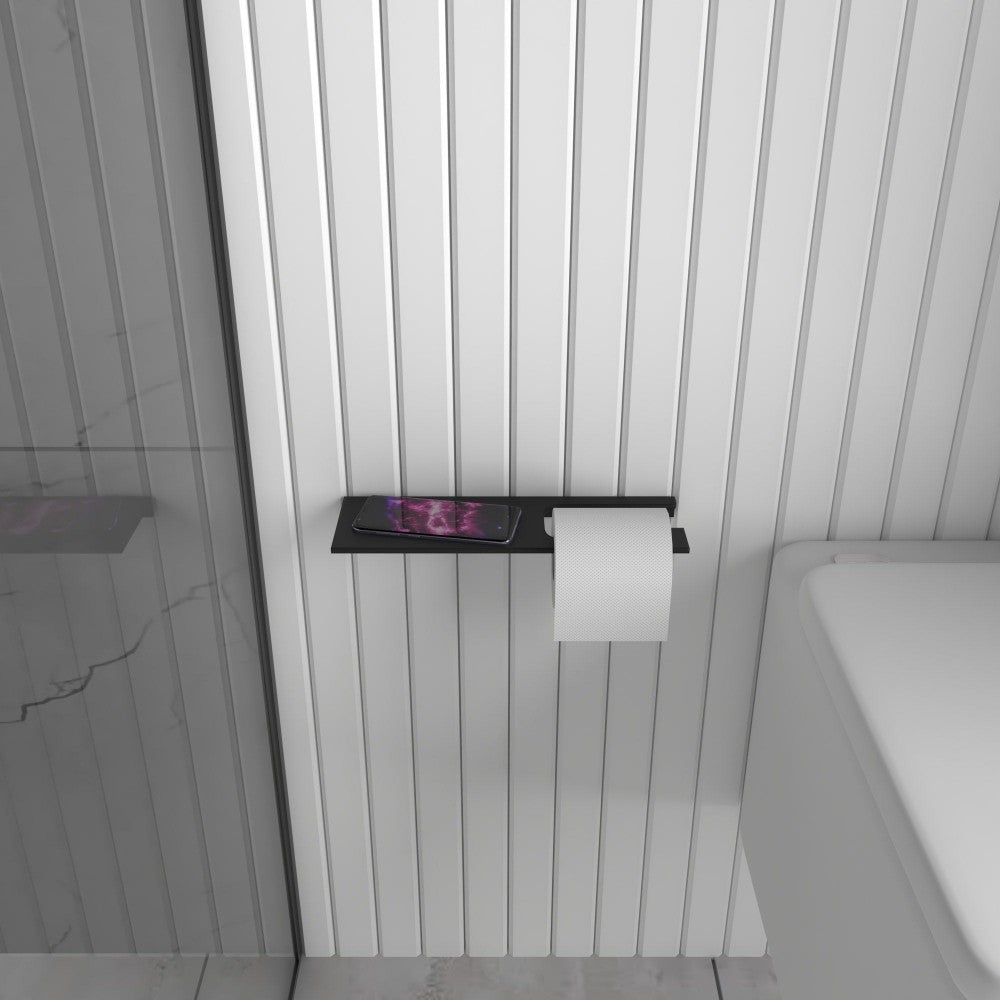 A minimalist black multifunctional bathroom shelf with a built-in toilet paper holder, showcasing a sleek and compact design.
