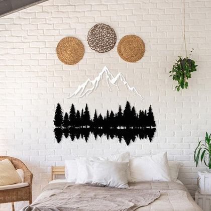 Mountain Peaks and Trees Metal Wall Art in a bedroom