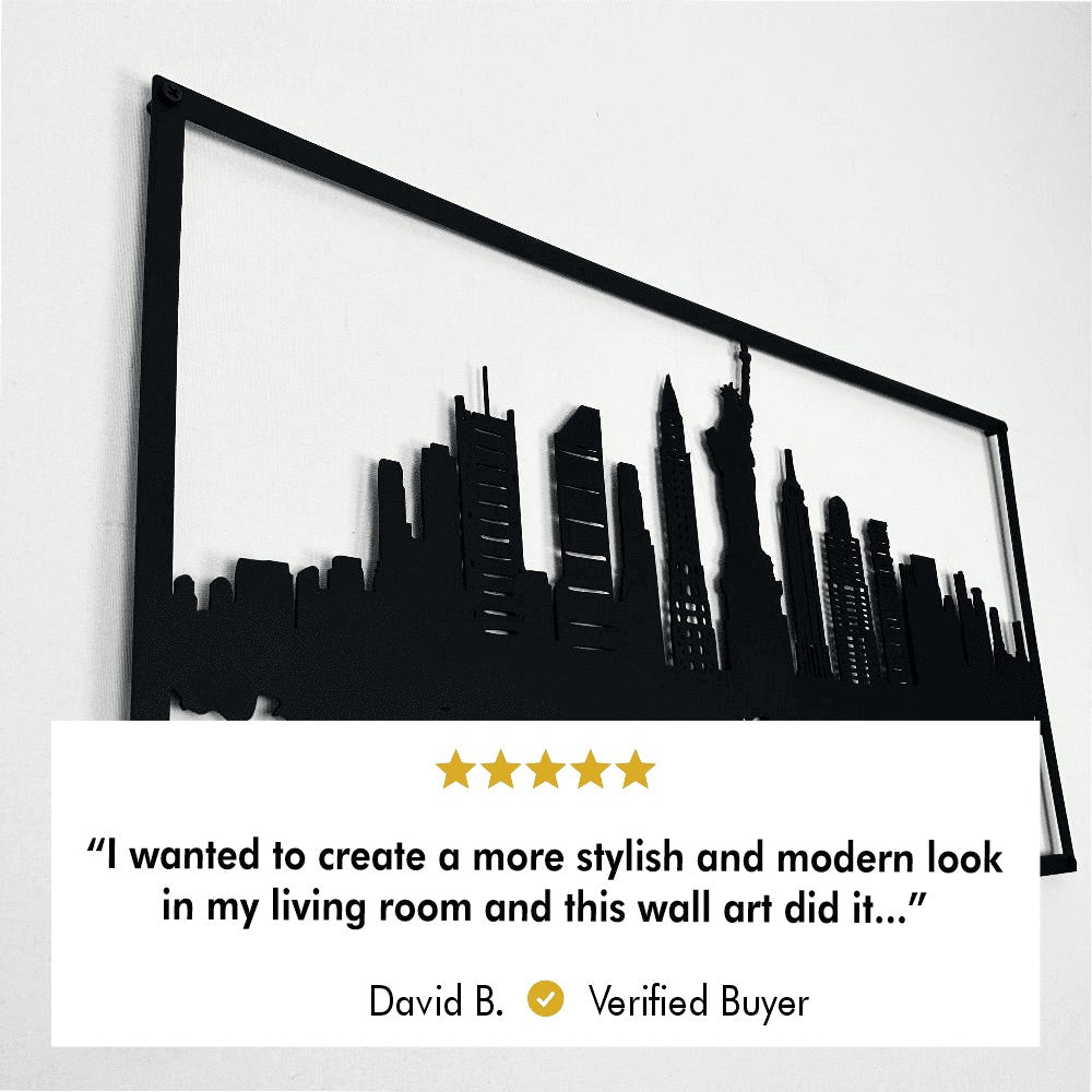 Side view of the New York City skyline metal wall art, showcasing its intricate and stylish design, praised by customers for transforming living room decor into a modern aesthetic.