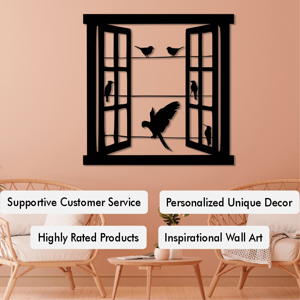Metal wall art of an open window with perched birds and a bird in flight, showcased in a warm interior setting with natural decor elements, including a wicker chair and table.