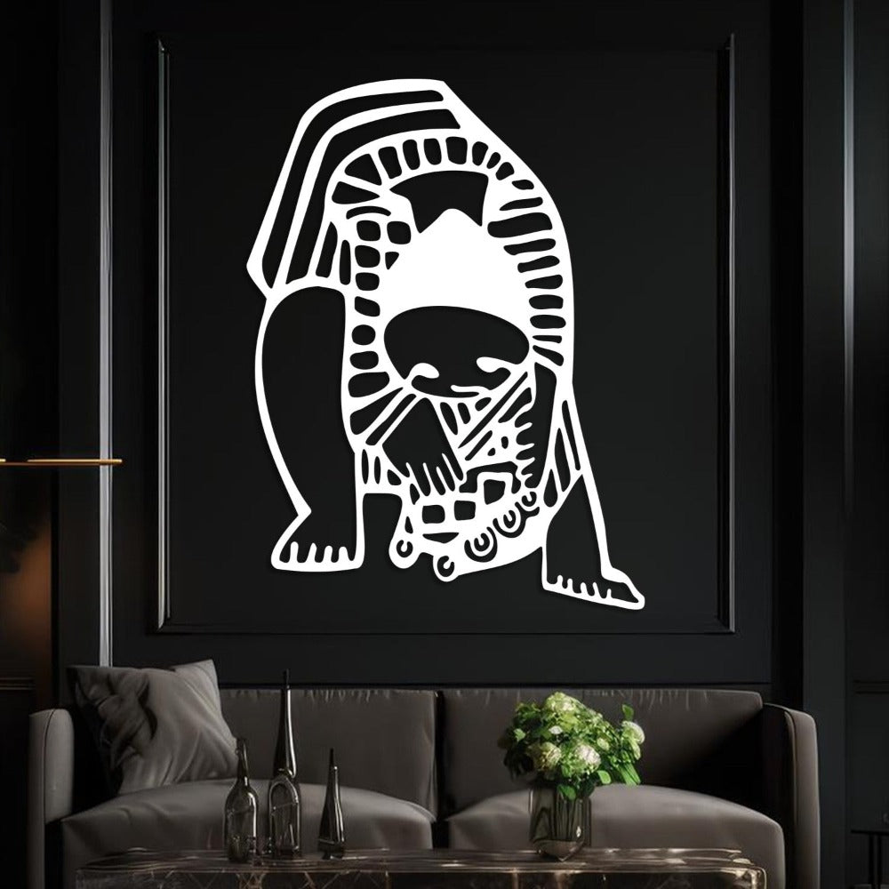 A modern white metal wall art piece depicting a child bending over, with intricate abstract details, displayed on a black wall above a sofa for a dramatic and elegant interior decor.