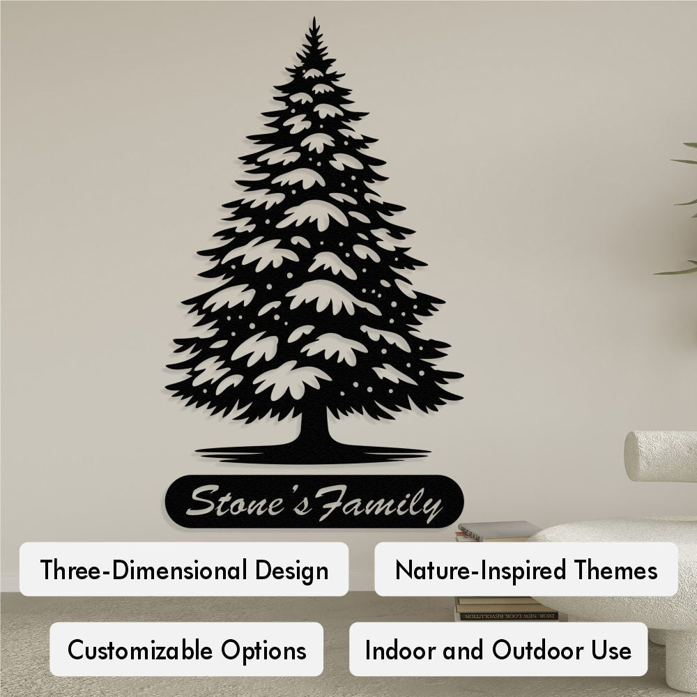 Black metal Christmas tree wall art with customizable text "Stone's Family," showcasing a nature-inspired three-dimensional design. Highlights customizable options and suitability for both indoor and outdoor use.