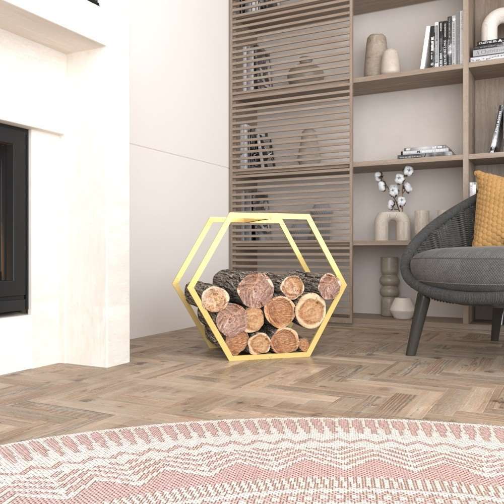 A gold portable hexagonal-shaped firewood rack filled with firewood logs, styled in a contemporary living room setting with warm and earthy tones.