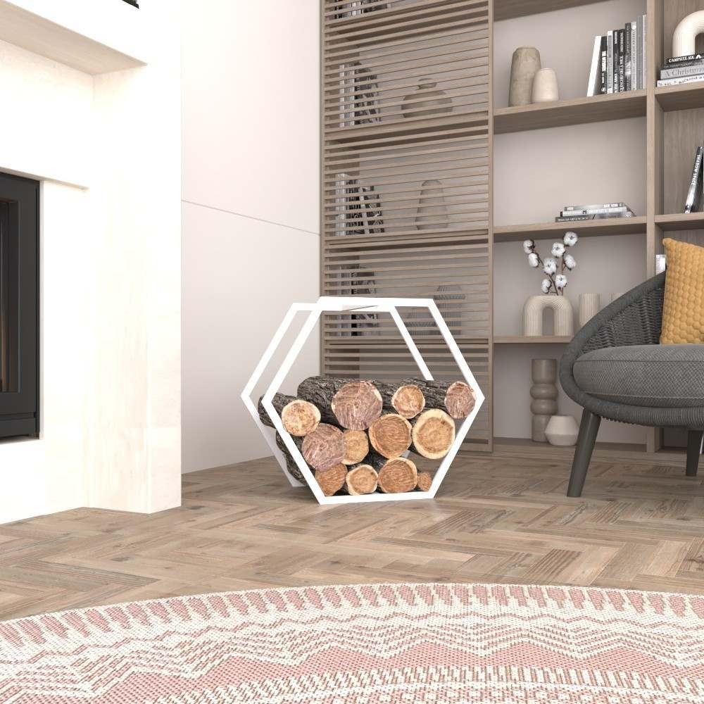 A white portable hexagonal-shaped firewood rack placed in a modern living room, filled with firewood logs, complementing the neutral-toned decor.