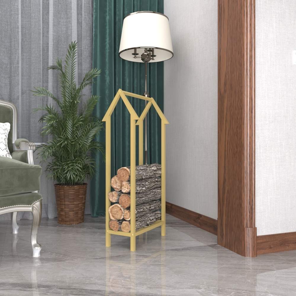 A modern gold home-shaped metal log holder placed in an elegant corner with a green curtain backdrop, storing firewood on a polished floor