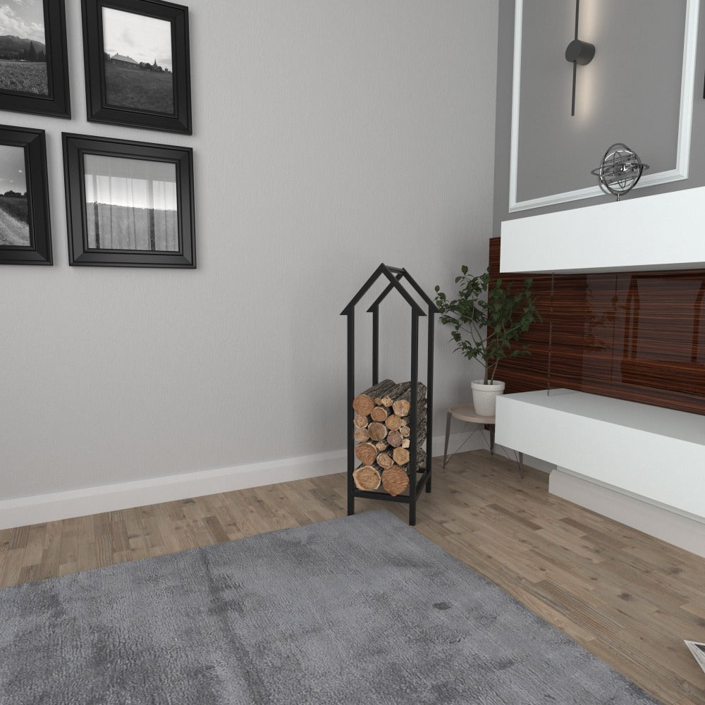 A portable home-shaped metal log storage unit filled with firewood, placed in a modern living room with a light grey rug, a wooden floor, and framed wall art.