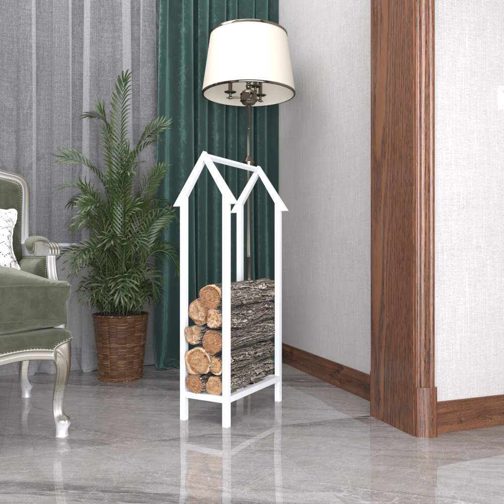 A minimalist white home-shaped metal log holder placed next to a stylish lamp and green curtains, storing neatly arranged firewood on a marble floor.