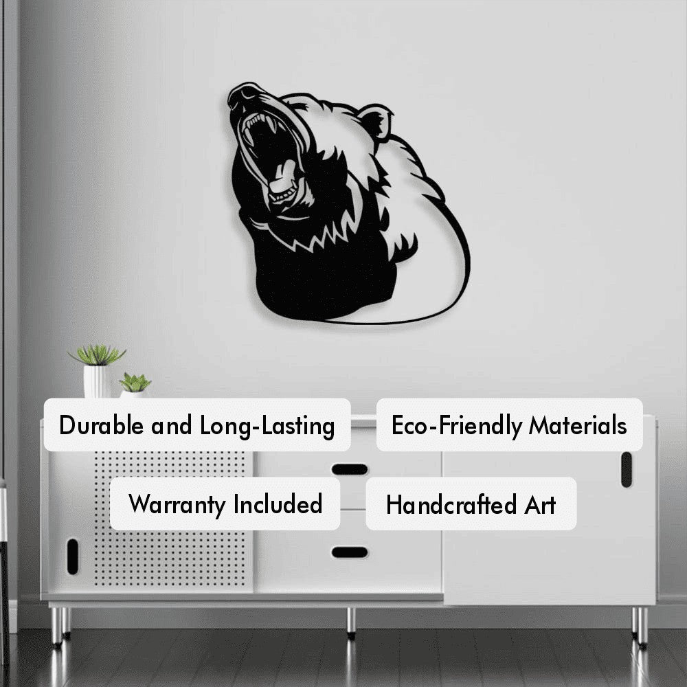 A black metal wall art piece depicting a roaring bear mounted above a modern white console table. The image includes text highlighting the product features: "Durable and Long-Lasting," "Eco-Friendly Materials," "Warranty Included," and "Handcrafted Art."