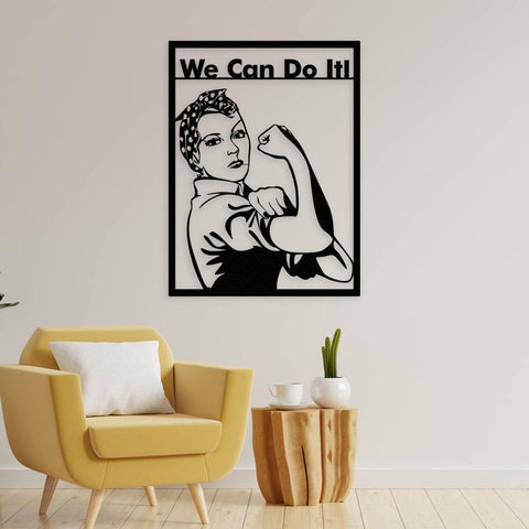 Cozy living room featuring a modern yellow armchair, wooden stump side table, and a black metal "We Can Do It!" Rosie the Riveter wall art, symbolizing empowerment and strength.