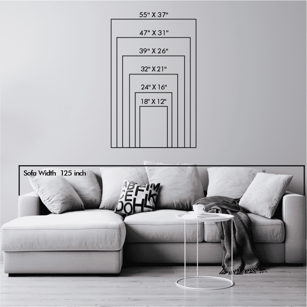 Size chart showcasing six different dimensions (55"x37", 47"x31", 39"x26", 32"x21", 24"x16", 18"x12") displayed above a white sofa measuring 125 inches in width, illustrating wall art scale comparisons.