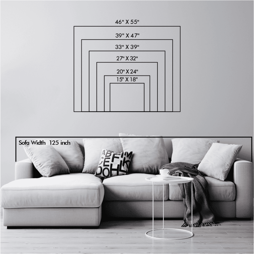 Size comparison chart for wall art dimensions, showcasing six size options from 15"x18" to 46"x55", displayed above a sofa for scale.