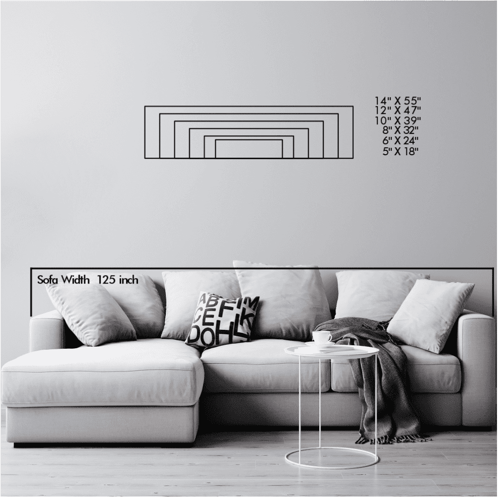 A size chart illustrating various landscape dimensions of a minimalist metal wall art piece. The chart is displayed above a sofa, showcasing sizes ranging from 14"x55" to 5"x18" for accurate scale reference.
